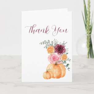 Fall pumpkin burgundy blush pink floral photo letterpress thank you card