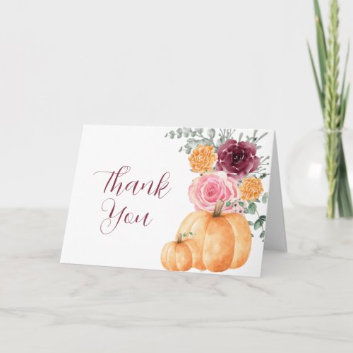 Fall pumpkin burgundy blush pink floral photo  thank you card