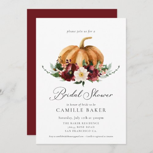 Fall Pumpkin Burgundy Floral Bridal Shower Invitation