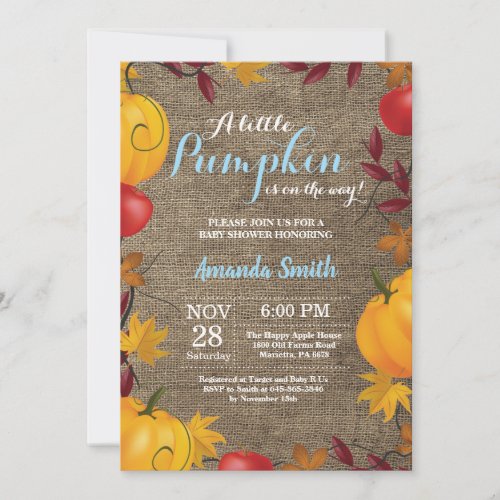 Fall Pumpkin Burlap Boy Baby Shower invitation