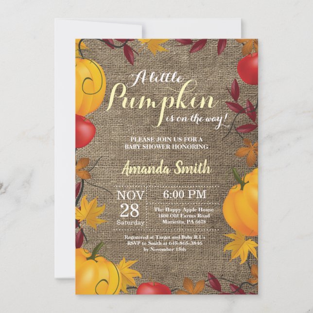 Fall Pumpkin Burlap Yellow Baby Shower invitation (Front)