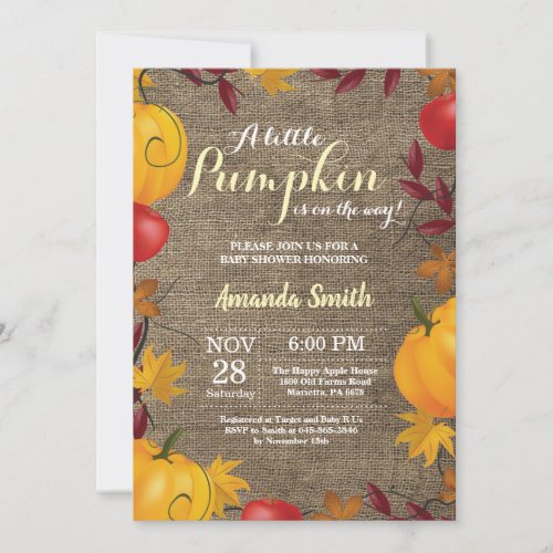 Fall Pumpkin Burlap Yellow Baby Shower invitation