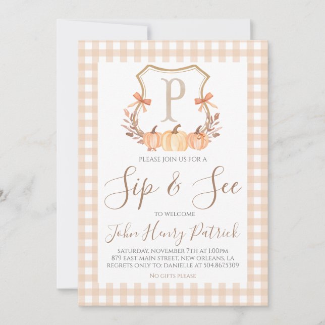 Fall Pumpkin Crest Sip & See Invitation (Front)