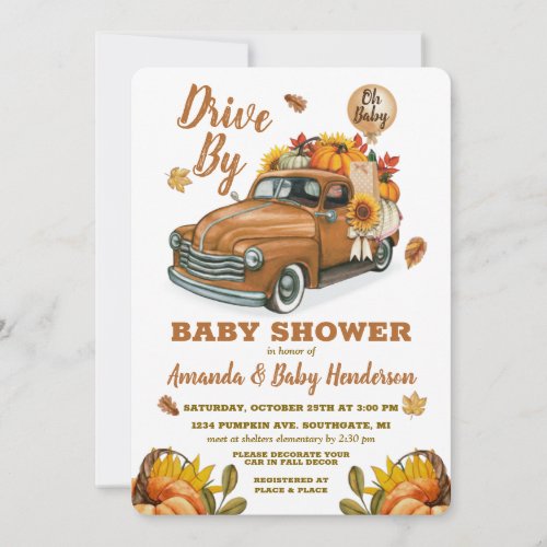 Fall Pumpkin Drive By Baby Shower Invitation