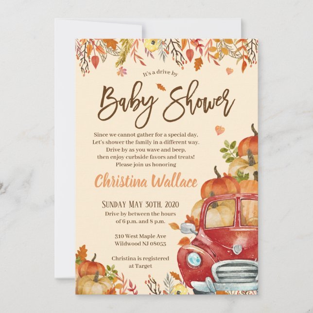 Fall Pumpkin Drive By Baby Shower Invitations (Front)