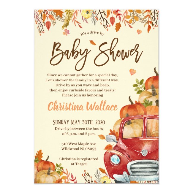 Fall Pumpkin Drive By Baby Shower Invitations
