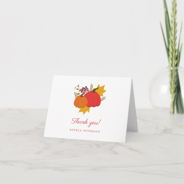 Fall Pumpkin Elegant Script Bridal Shower Letterpress Thank You Card (Front)