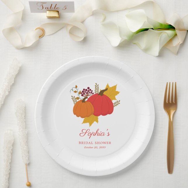 Fall Pumpkin Elegant Script Bridal Shower Paper Plates (Wedding)
