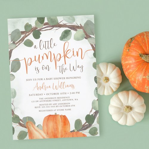 Fall Pumpkin Eucalyptus Wreath Baby Shower Invitation