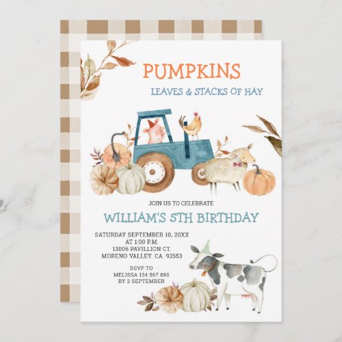 Fall Pumpkin Farm Animal Birthday  Invitation