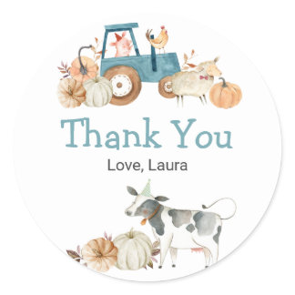 Fall Pumpkin Farm Animal Tractor Floral Classic Round Sticker