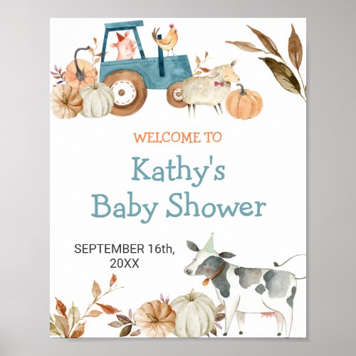 Fall Pumpkin Farm Animal Tractor Floral Welcome Poster