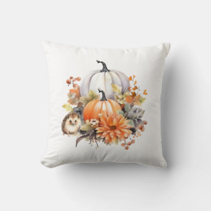 Fall Pumpkin Farmhouse with Cozy Hedgehog Throw Pillow