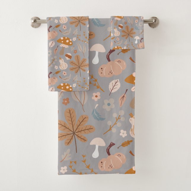 Fall Pumpkin Field with Fall Leaves and Mushrooms  Bath Towel Set (Insitu)