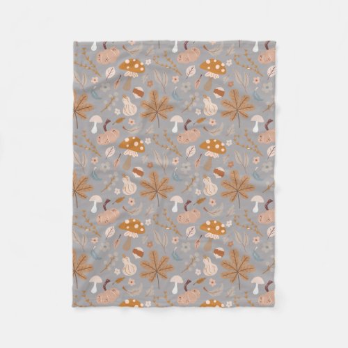 Fall Pumpkin Field with Fall Leaves and Mushrooms  Fleece Blanket