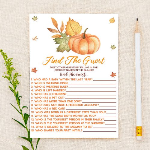 Fall Pumpkin Find The Guest Baby Shower Game Stationery
