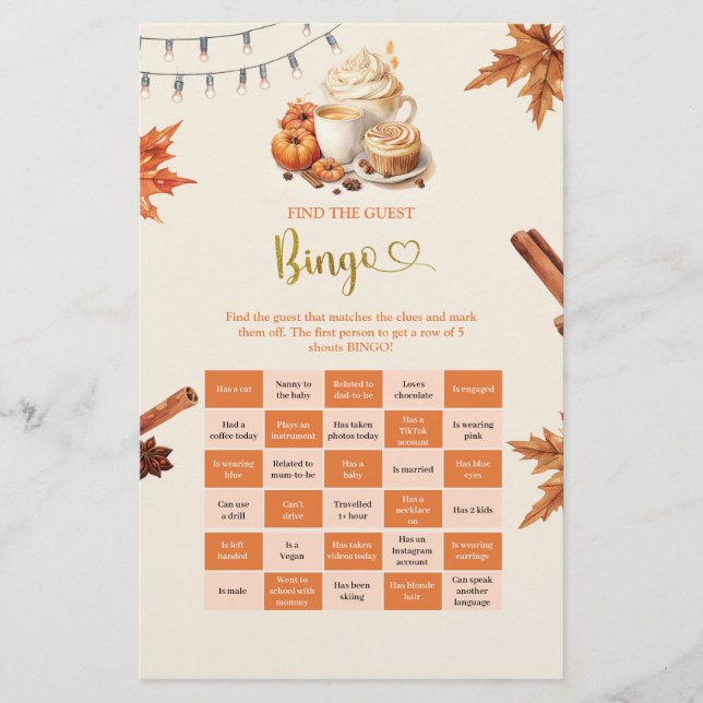 Fall Pumpkin Find The Guest Bingo Games (Front)