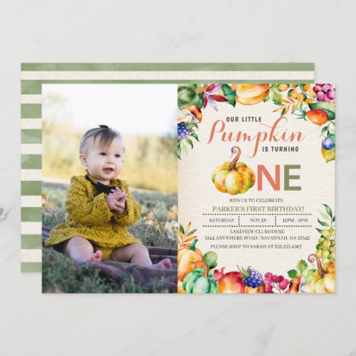 Fall Pumpkin First Birthday Photo Invitation