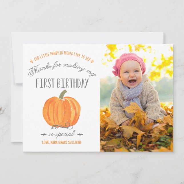 Fall Pumpkin | First Birthday Thank You with Photo (Front)