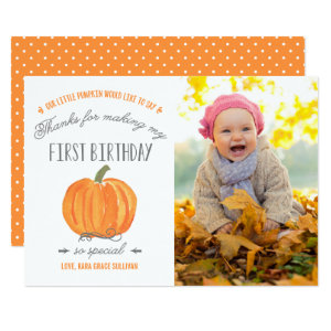 Fall Pumpkin | First Birthday Thank You with Photo Card