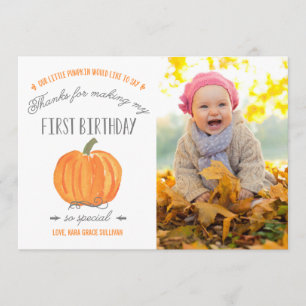 Fall Pumpkin   First Birthday Thank You with Photo Card