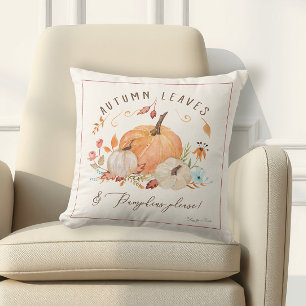 Fall Pumpkin Floral Autumn Falling Leaf Watercolor Throw Pillow
