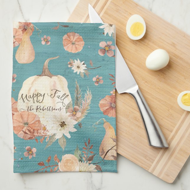 Fall Pumpkin Floral Autumn Foliage Teal Blue Name Kitchen Towel (Quarter Fold)