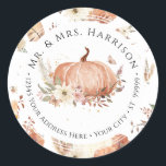 Fall Pumpkin Floral Autumn Leaf Return Address Classic Round Sticker<br><div class="desc">Watercolor painted fall floral with pumpkins, Autumn leaves and gourds Return Address Label, Classic Round Sticker. Elegant return address label that can double as an envelope seal adding an elegant finishing touch to your invitation presentation. Handwritten script typography along with the Name, address and monogram of the sender over a...</div>