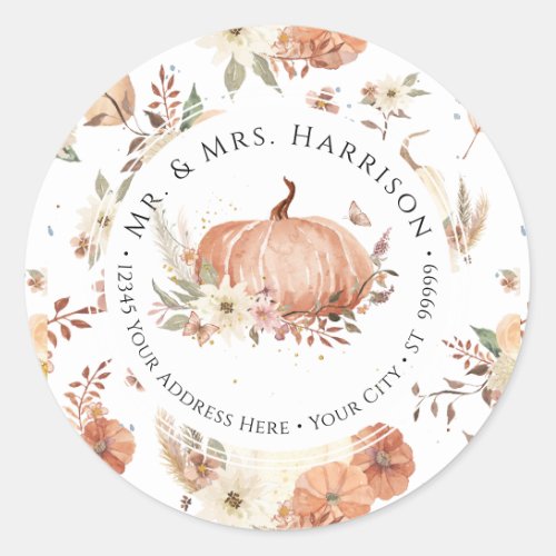 Fall Pumpkin Floral Autumn Leaf Return Address Classic Round Sticker