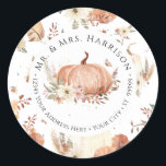 Fall Pumpkin Floral Autumn Leaf Return Address Classic Round Sticker<br><div class="desc">Watercolor painted fall floral with pumpkins, Autumn leaves and gourds Return Address Label, Classic Round Sticker. Elegant return address label that can double as an envelope seal adding an elegant finishing touch to your invitation presentation. Handwritten script typography along with the Name, address and monogram of the sender over a...</div>
