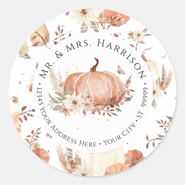 Fall Pumpkin Floral Autumn Leaf Return Address Classic Round Sticker (Front)