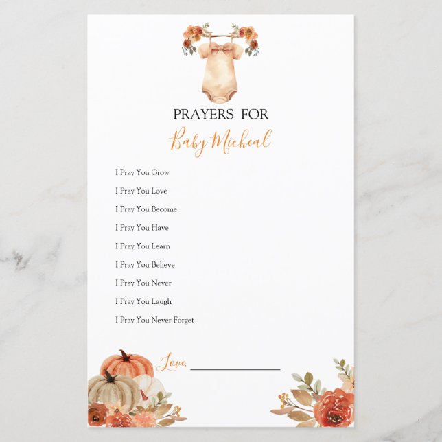 Fall Pumpkin Floral Baby Clothes Prayers for Baby (Front)