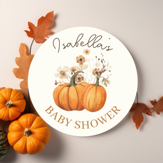 Fall Pumpkin Floral Baby Shower Classic Round Sticker (Fall Pumpkin Floral Round Sticker)