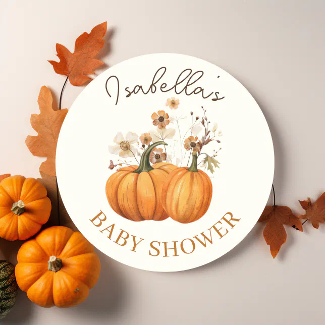 Fall Pumpkin Floral Baby Shower Classic Round Sticker | Zazzle