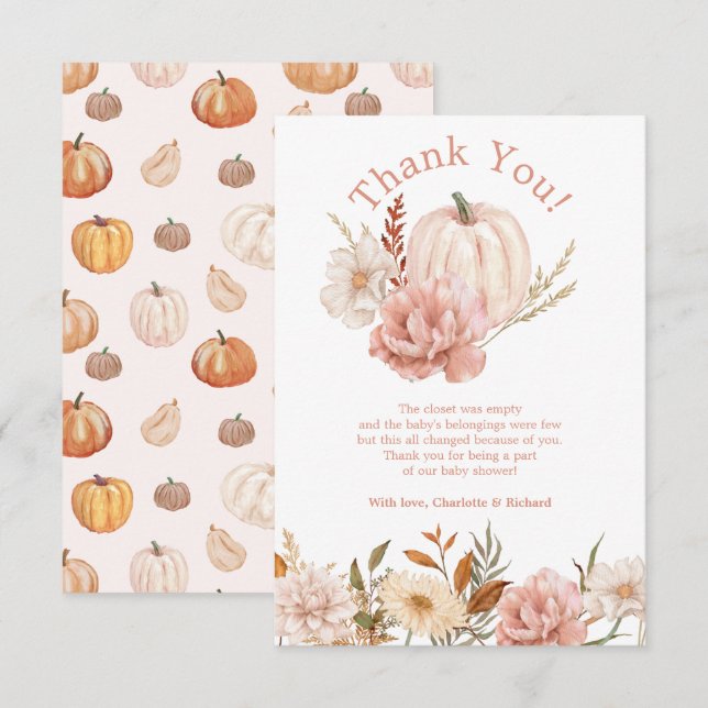 Fall Pumpkin Floral Baby Shower Thank You Card (Front/Back)