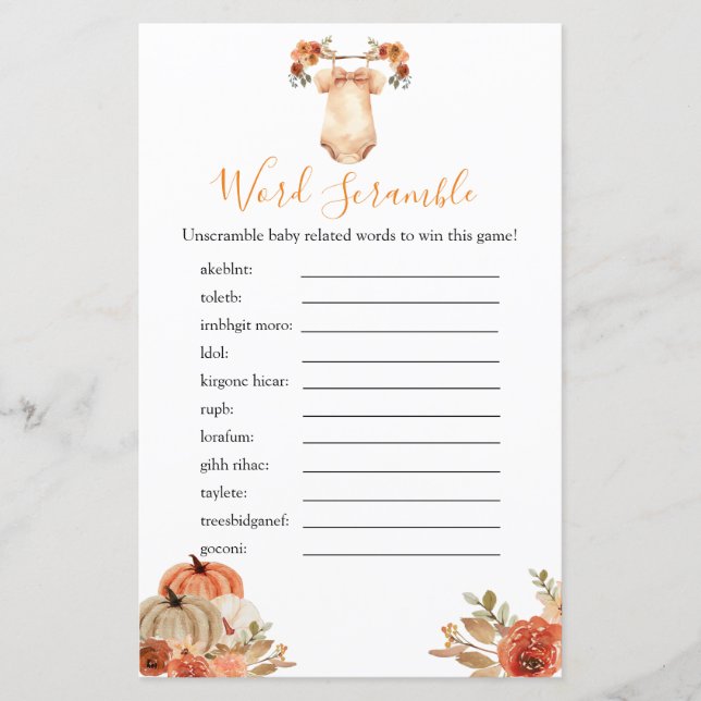 Fall Pumpkin Floral Baby Shower Word Scramble Game (Front)