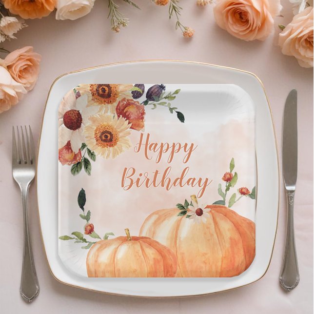 Fall Pumpkin Floral  Birthday Paper Plates (Fall Birthday Party Plates for Her)