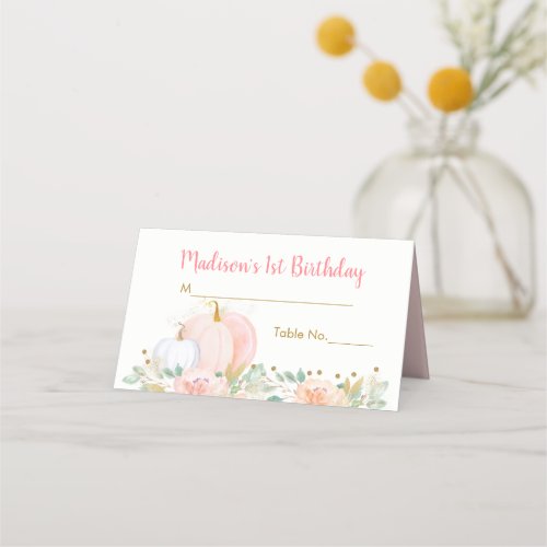 Fall Pumpkin Floral Blush  Gold Birthday Place Card