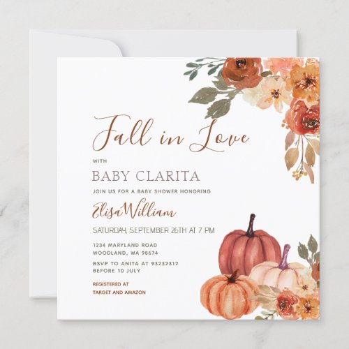 Fall Pumpkin Floral Fall in love Baby Shower   Invitation
