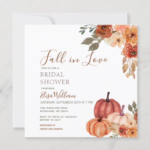 Fall Pumpkin Floral Fall in love Bridal Shower   Invitation