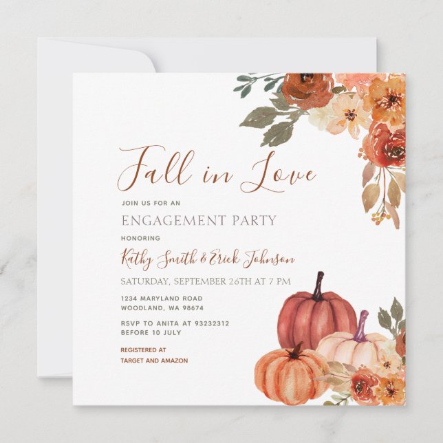 Fall Pumpkin Floral Fall in love Engagement Party Invitation (Front)