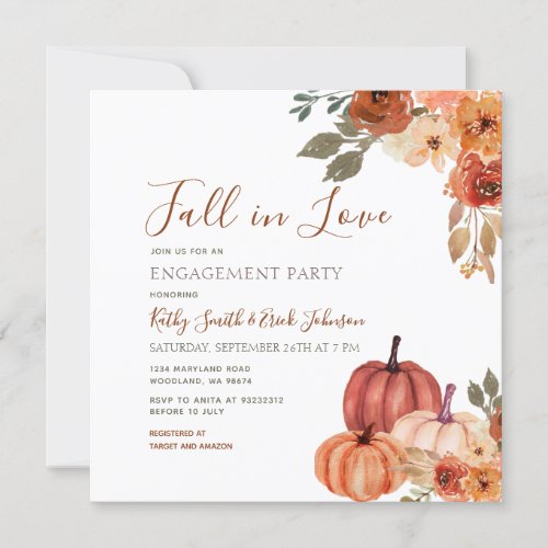 Fall Pumpkin Floral Fall in love Engagement Party Invitation