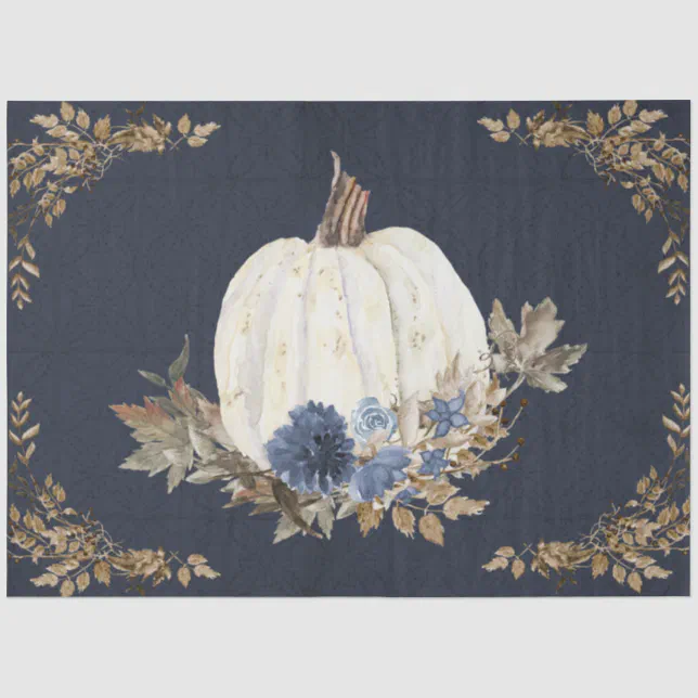 Fall Pumpkin Floral n Foliage Watercolor Navy Blue Tissue Paper | Zazzle