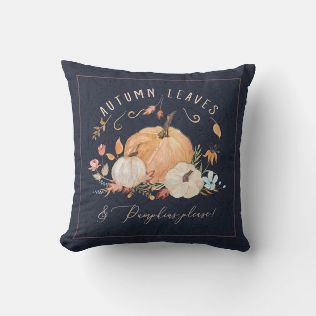 Fall Pumpkin Floral Navy Blue Watercolor Foliage Throw Pillow (Front)