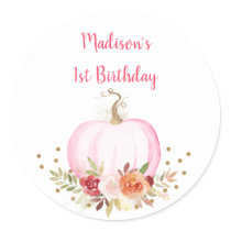 Fall Pumpkin Floral Pink & Gold Birthday Classic Round Sticker