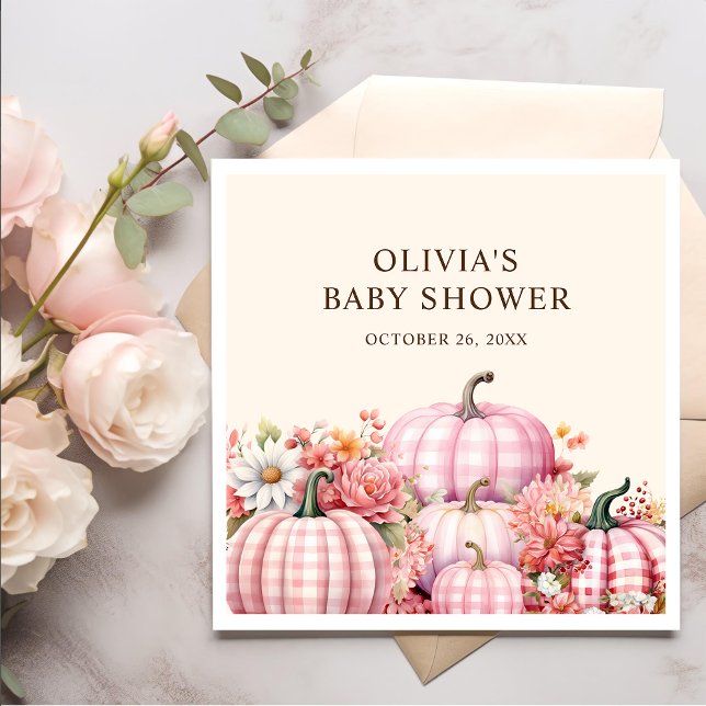 Fall Pumpkin Floral Pink Plaid Baby Shower Napkins (Creator Uploaded)