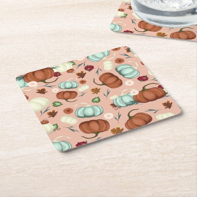 Fall Pumpkin Floral Square Paper Coaster (Angled)
