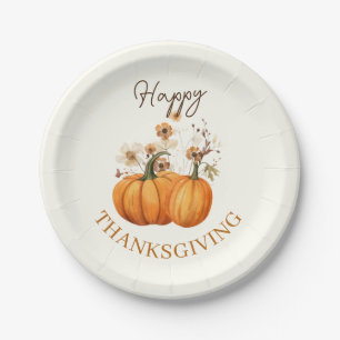 Fall Pumpkin Floral Thanksgiving Paper Cocktail Plates