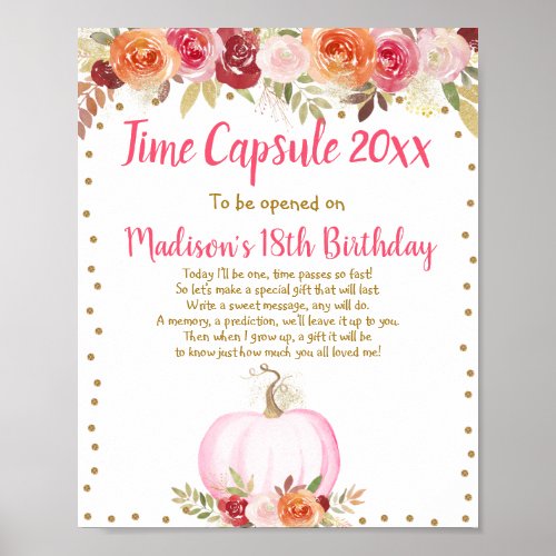 Fall Pumpkin Floral Time Capsule 1st Birthday Poster