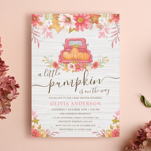 Fall Pumpkin Floral Truck Girl Baby Shower Invitation